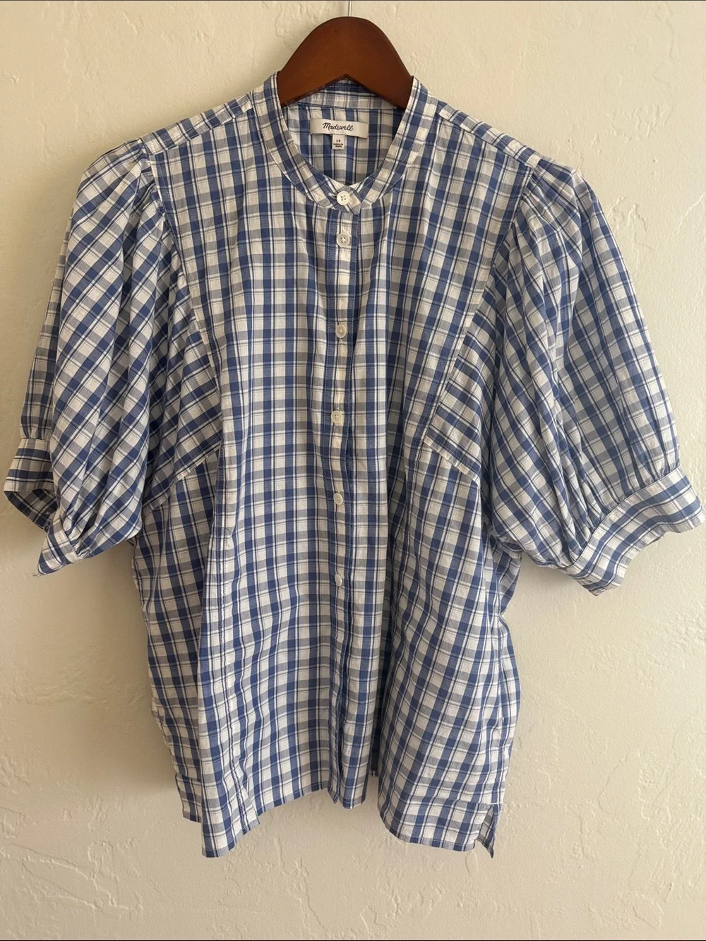 Madewell Blue and White Plaid Puff Sleeve Button-Front Top